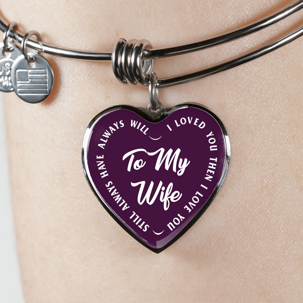 TO MY WIFE (WHITE TEXT ON PURPLE) SILVER OR GOLD FINISHED HEART SHAPED BANGLE BRACELET - podprintz.com