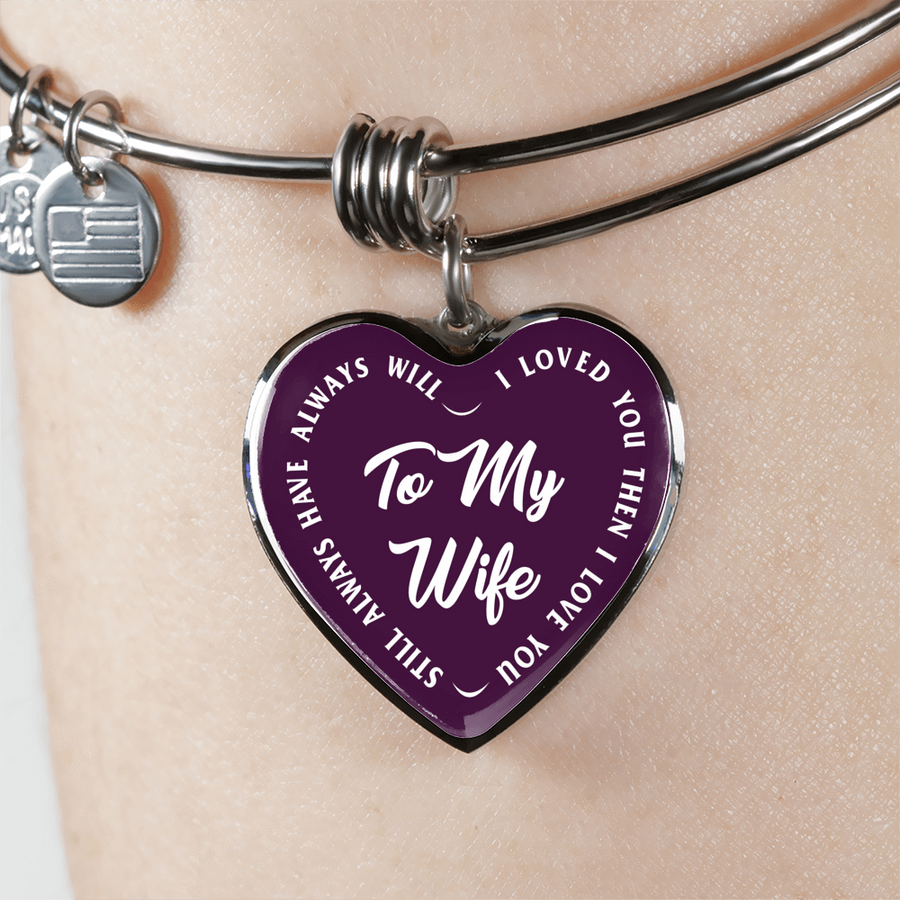 TO MY WIFE (WHITE TEXT ON PURPLE) SILVER OR GOLD FINISHED HEART SHAPED BANGLE BRACELET - podprintz.com