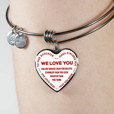 TO OUR DAUGHTER, ALWAYS REMEMBER THAT, WE LOVE YOU - (RED ON WHITE) SILVER OR GOLD FINISHED HEART NECKLACE AND BANGLE BRACELET NEW EO