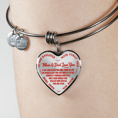 TO OUR DAUGHTER, MOM & DAD LOVE YOU, NEVER FORGET THAT - GOLD AND SILVER FINISHED HEART SHAPED NECKLACE AND BANGLE BRACELET(RED TEXT ON TRANSPARENT) EO