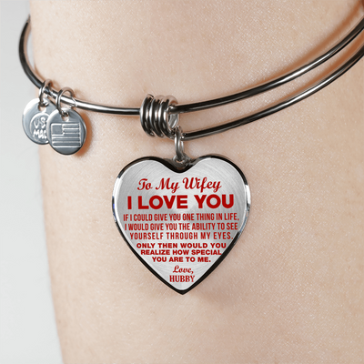 TO MY WIFEY - I LOVE YOU - (RED ON TRANSPARENT) - SILVER FINISHED BANGLE BRACELET - podprintz.com