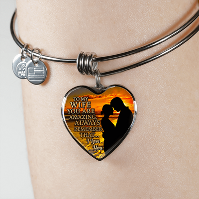 To My Wife, You Are Amazing (Sunset Beach) - Silver Finished Heart Bangle Bracelet - podprintz.com