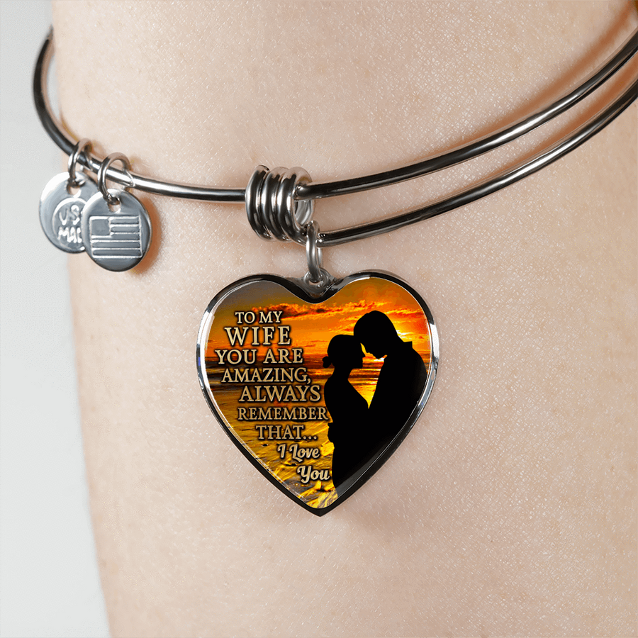 To My Wife, You Are Amazing (Sunset Beach) - Silver Finished Heart Bangle Bracelet - podprintz.com
