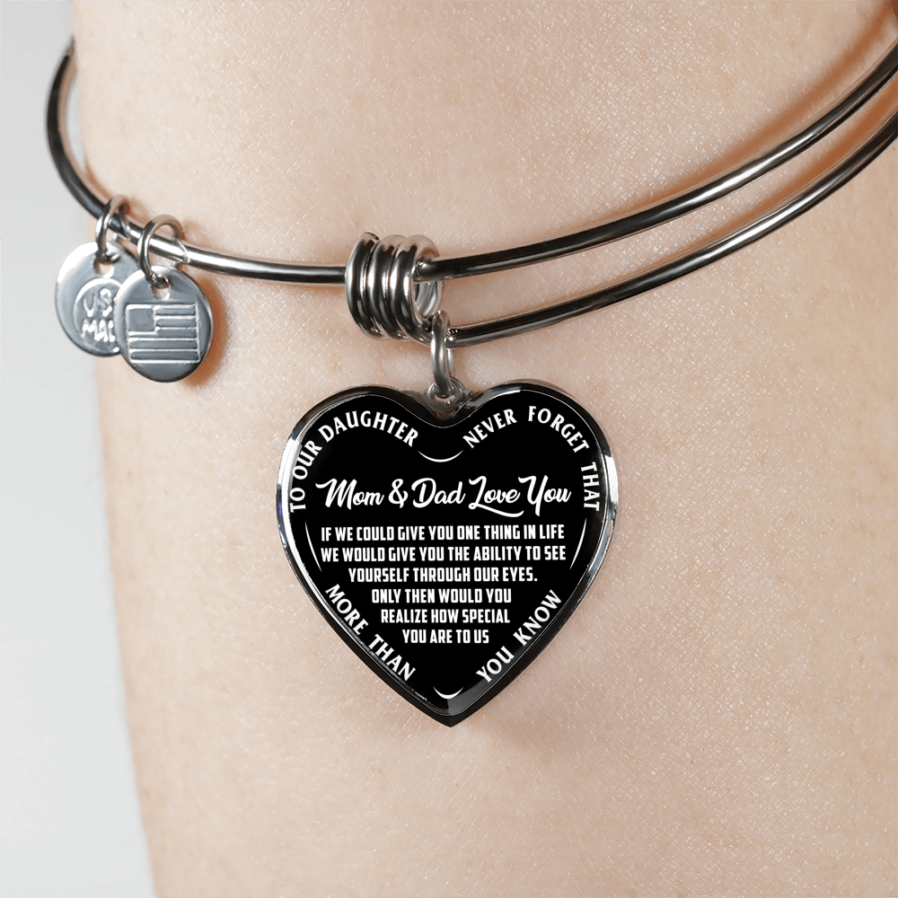 TO OUR DAUGHTER, MOM & DAD LOVE YOU, NEVER FORGET THAT - GOLD AND SILVER FINISHED HEART SHAPED NECKLACE AND BANGLE BRACELET(WHITE TEXT ON BLACK) EO