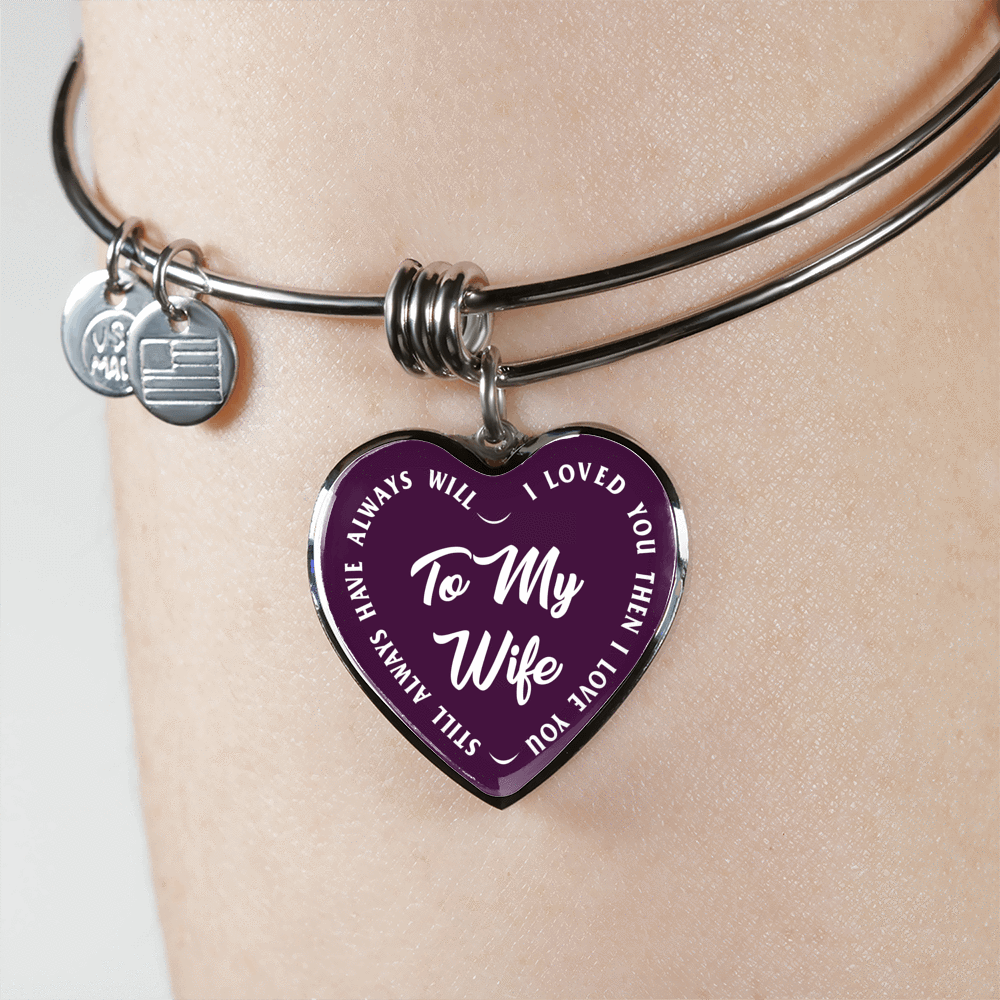 TO MY WIFE (WHITE TEXT ON PURPLE) SILVER OR GOLD FINISHED HEART SHAPED BANGLE BRACELET - podprintz.com