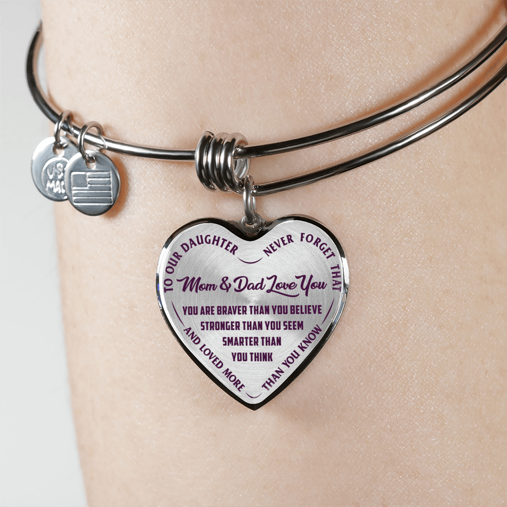TO OUR DAUGHTER, YOU ARE BRAVER, MOM & DAD LOVE YOU - GOLD AND SILVER FINISHED HEART SHAPED NECKLACE AND BANGLE BRACELET (PURPLE TEXT ON TRANSPARENT) EO