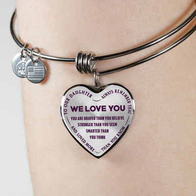 TO OUR DAUGHTER, ALWAYS REMEMBER THAT, WE LOVE YOU - (PURPLE ON TRANSPARENT) SILVER OR GOLD FINISHED HEART NECKLACE AND BANGLE BRACELET NEW EO