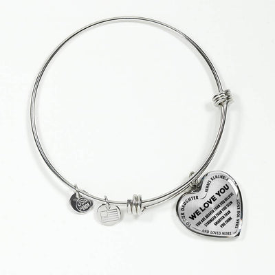 TO OUR DAUGHTER, ALWAYS REMEMBER THAT, WE LOVE YOU - (BLACK ON TRANSPARENT) SILVER OR GOLD FINISHED HEART SHAPED BANGLE BRACELET NEW
