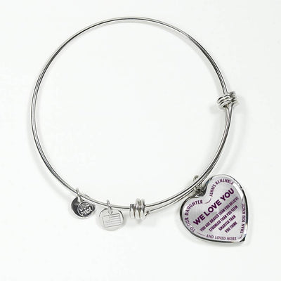 TO OUR DAUGHTER, ALWAYS REMEMBER THAT, WE LOVE YOU - (PURPLE ON TRANSPARENT) SILVER OR GOLD FINISHED HEART SHAPED BANGLE BRACELET NEW
