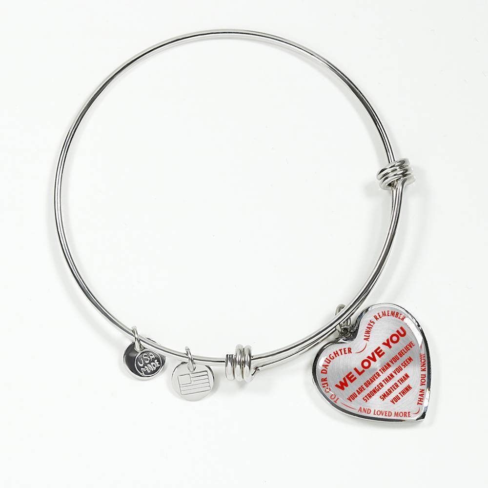 TO OUR DAUGHTER, ALWAYS REMEMBER THAT, WE LOVE YOU - (RED ON TRANSPARENT) SILVER OR GOLD FINISHED HEART NECKLACE AND BANGLE BRACELET NEW EO