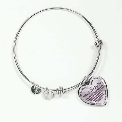 TO OUR DAUGHTER, MOM & DAD LOVE YOU, NEVER FORGET THAT - GOLD AND SILVER FINISHED HEART SHAPED NECKLACE AND BANGLE BRACELET(PURPLE TEXT ON TRANSPARENT) EO