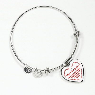 TO OUR DAUGHTER, YOU ARE BRAVER, MOM & DAD LOVE YOU - GOLD AND SILVER FINISHED HEART SHAPED NECKLACE AND BANGLE BRACELET (RED TEXT ON WHITE) EO