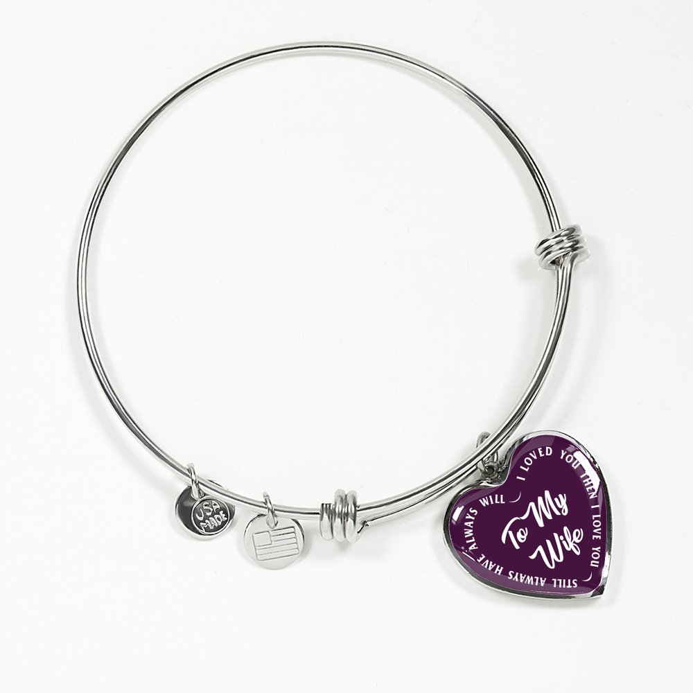 TO MY WIFE (WHITE TEXT ON PURPLE) SILVER OR GOLD FINISHED HEART SHAPED BANGLE BRACELET - podprintz.com