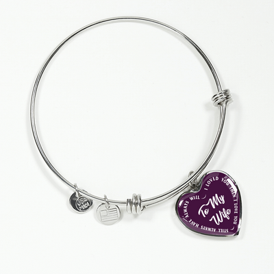 TO MY WIFE (WHITE TEXT ON PURPLE) SILVER OR GOLD FINISHED HEART SHAPED BANGLE BRACELET - podprintz.com