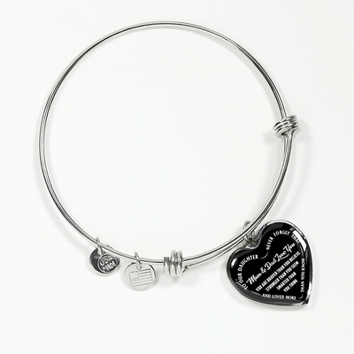 TO OUR DAUGHTER, YOU ARE BRAVER, MOM & DAD LOVE YOU - GOLD AND SILVER FINISHED HEART SHAPED NECKLACE AND BANGLE BRACELET (WHITE TEXT ON BLACK) EO