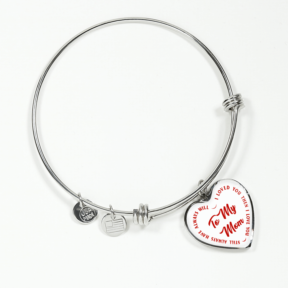To My Mom Gold or Silver Finished Heart Shaped Bangle Bracelet (Red text on White) - podprintz.com