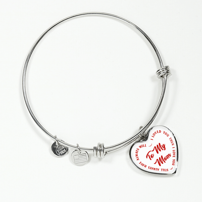 To My Mom Gold or Silver Finished Heart Shaped Bangle Bracelet (Red text on White) - podprintz.com