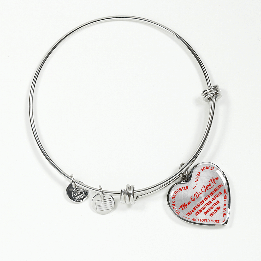 TO OUR DAUGHTER, YOU ARE BRAVER, MOM & DAD LOVE YOU - GOLD AND SILVER FINISHED HEART SHAPED NECKLACE AND BANGLE BRACELET (RED TEXT ON TRANSPARENT) EO