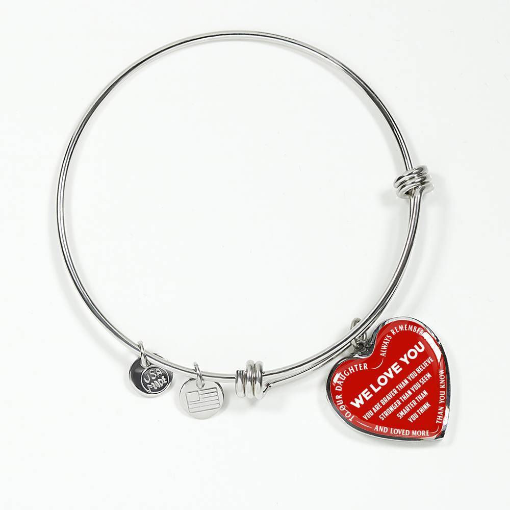TO OUR DAUGHTER, ALWAYS REMEMBER THAT, WE LOVE YOU - (WHITE ON RED) SILVER OR GOLD FINISHED HEART NECKLACE AND BANGLE BRACELET NEW EO