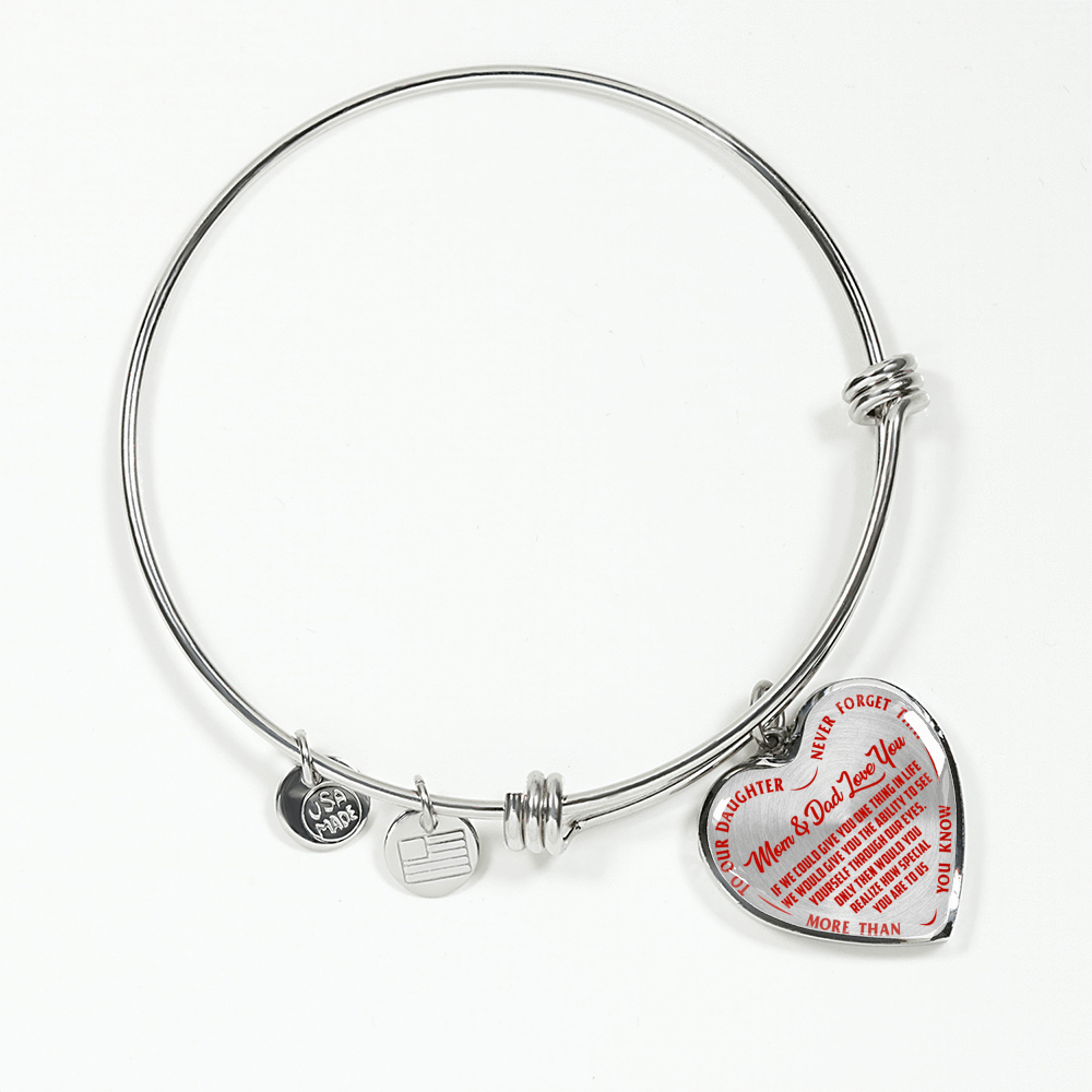 TO OUR DAUGHTER, MOM & DAD LOVE YOU, NEVER FORGET THAT - GOLD AND SILVER FINISHED HEART SHAPED NECKLACE AND BANGLE BRACELET(RED TEXT ON TRANSPARENT) EO