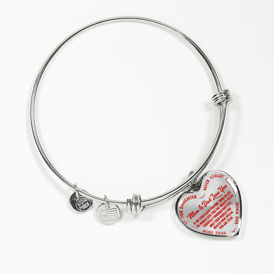 TO OUR DAUGHTER, MOM & DAD LOVE YOU, NEVER FORGET THAT - GOLD AND SILVER FINISHED HEART SHAPED NECKLACE AND BANGLE BRACELET(RED TEXT ON TRANSPARENT) EO
