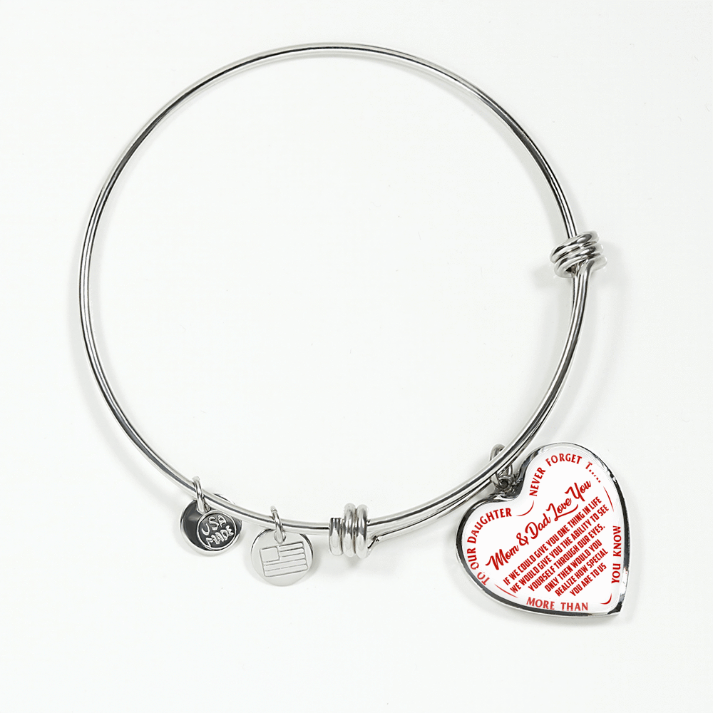 TO OUR DAUGHTER, MOM & DAD LOVE YOU, NEVER FORGET THAT - GOLD AND SILVER FINISHED HEART SHAPED NECKLACE AND BANGLE BRACELET (RED TEXT ON WHITE) EO