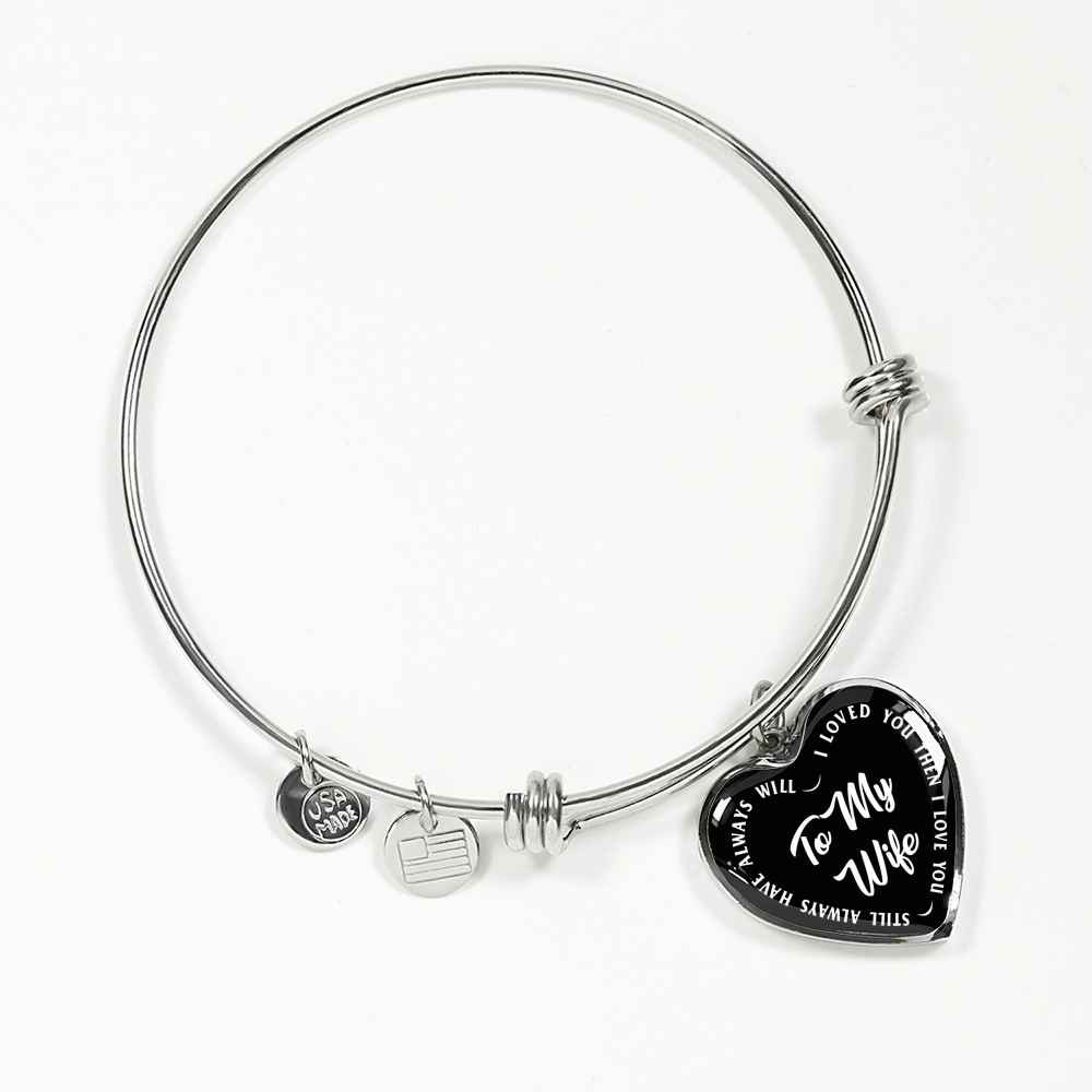 TO MY WIFE (WHITE TEXT ON BLACK) SILVER OR GOLD FINISHED HEART SHAPED BANGLE BRACELET - podprintz.com