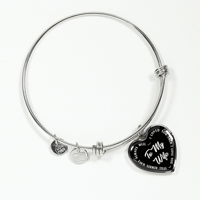 TO MY WIFE (WHITE TEXT ON BLACK) SILVER OR GOLD FINISHED HEART SHAPED BANGLE BRACELET - podprintz.com