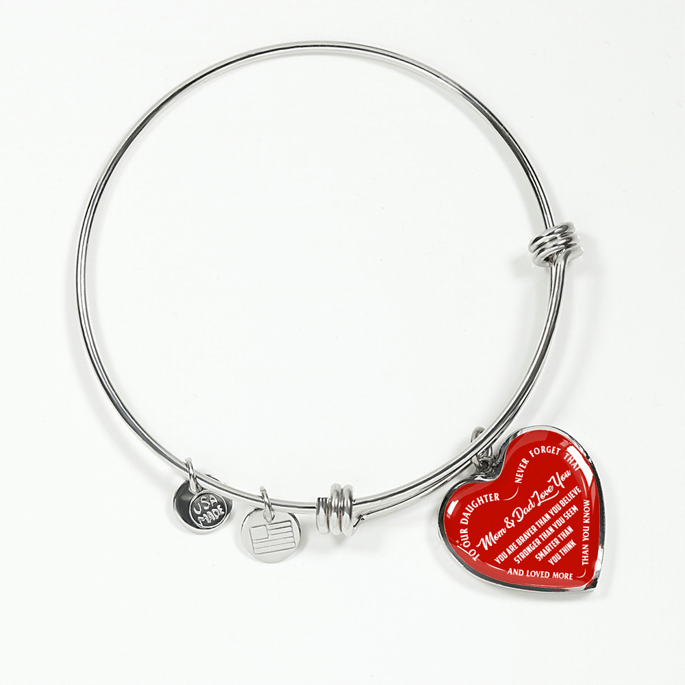 TO OUR DAUGHTER, YOU ARE BRAVER, MOM & DAD LOVE YOU - GOLD AND SILVER FINISHED HEART SHAPED NECKLACE AND BANGLE BRACELET (WHITE TEXT ON RED) EO