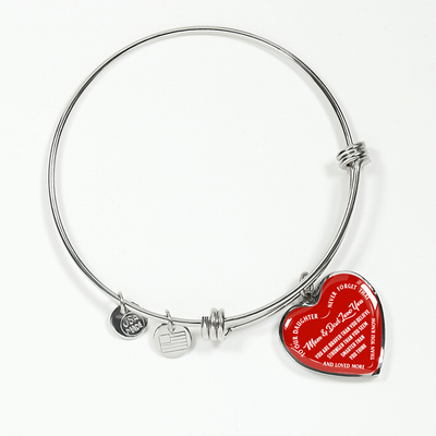 TO OUR DAUGHTER, YOU ARE BRAVER, MOM & DAD LOVE YOU - GOLD AND SILVER FINISHED HEART SHAPED NECKLACE AND BANGLE BRACELET (WHITE TEXT ON RED) EO