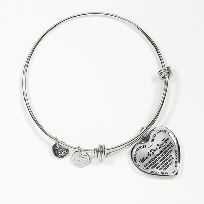 TO OUR DAUGHTER, MOM & DAD LOVE YOU, NEVER FORGET THAT - GOLD AND SILVER FINISHED HEART SHAPED NECKLACE AND BANGLE BRACELET(BLACK TEXT ON TRANSPARENT) EO