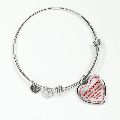 TO OUR DAUGHTER, ALWAYS REMEMBER THAT, WE LOVE YOU - (RED ON TRANSPARENT) SILVER OR GOLD FINISHED HEART SHAPED BANGLE BRACELET NEW