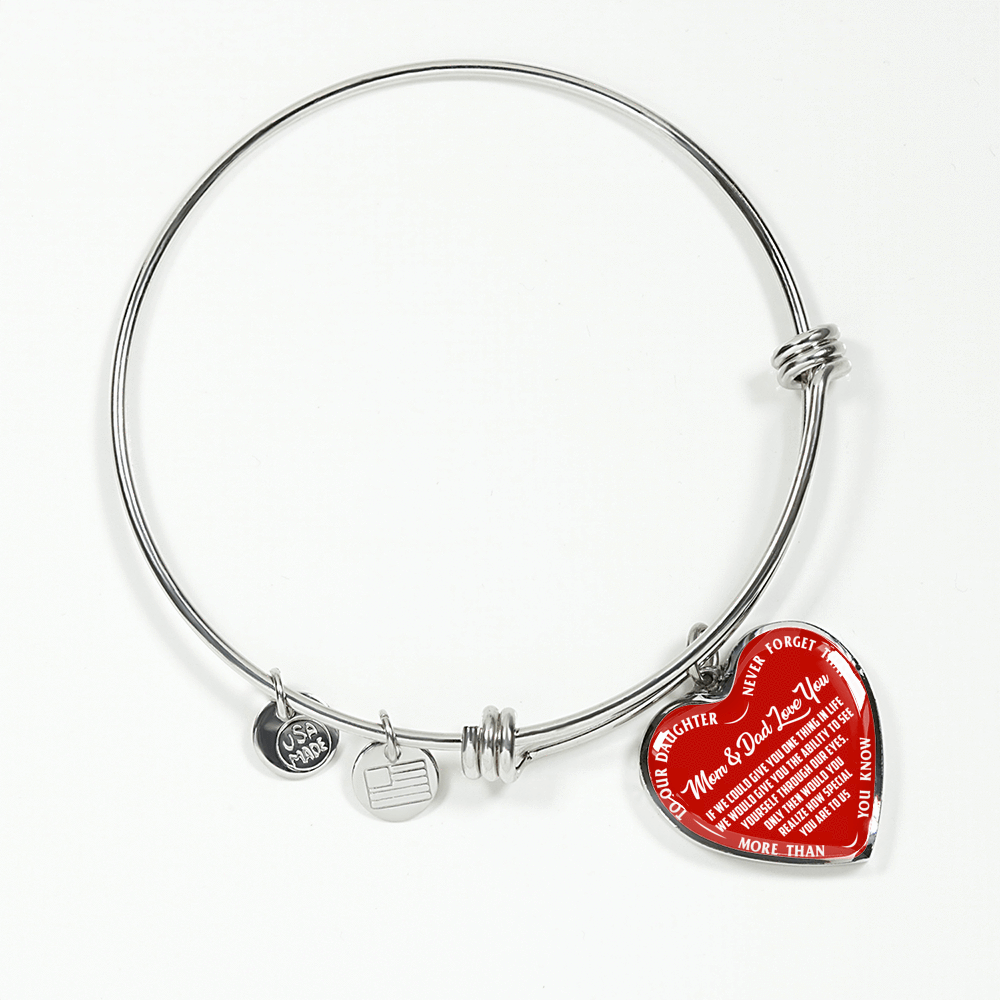 TO OUR DAUGHTER, MOM & DAD LOVE YOU, NEVER FORGET THAT - GOLD AND SILVER FINISHED HEART SHAPED NECKLACE AND BANGLE BRACELET(WHITE TEXT ON RED) EO