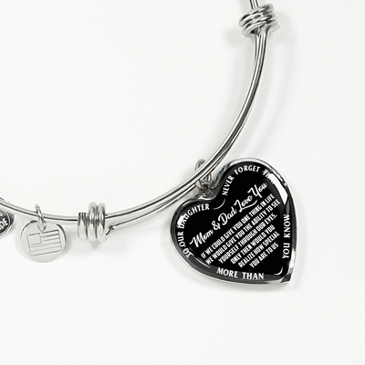 TO OUR DAUGHTER, MOM & DAD LOVE YOU, NEVER FORGET THAT - GOLD AND SILVER FINISHED HEART SHAPED NECKLACE AND BANGLE BRACELET(WHITE TEXT ON BLACK) EO