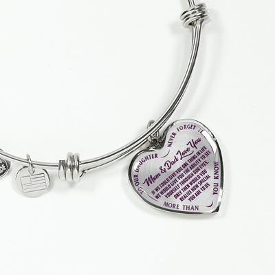 TO OUR DAUGHTER, MOM & DAD LOVE YOU, NEVER FORGET THAT - GOLD AND SILVER FINISHED HEART SHAPED NECKLACE AND BANGLE BRACELET(PURPLE TEXT ON TRANSPARENT) EO