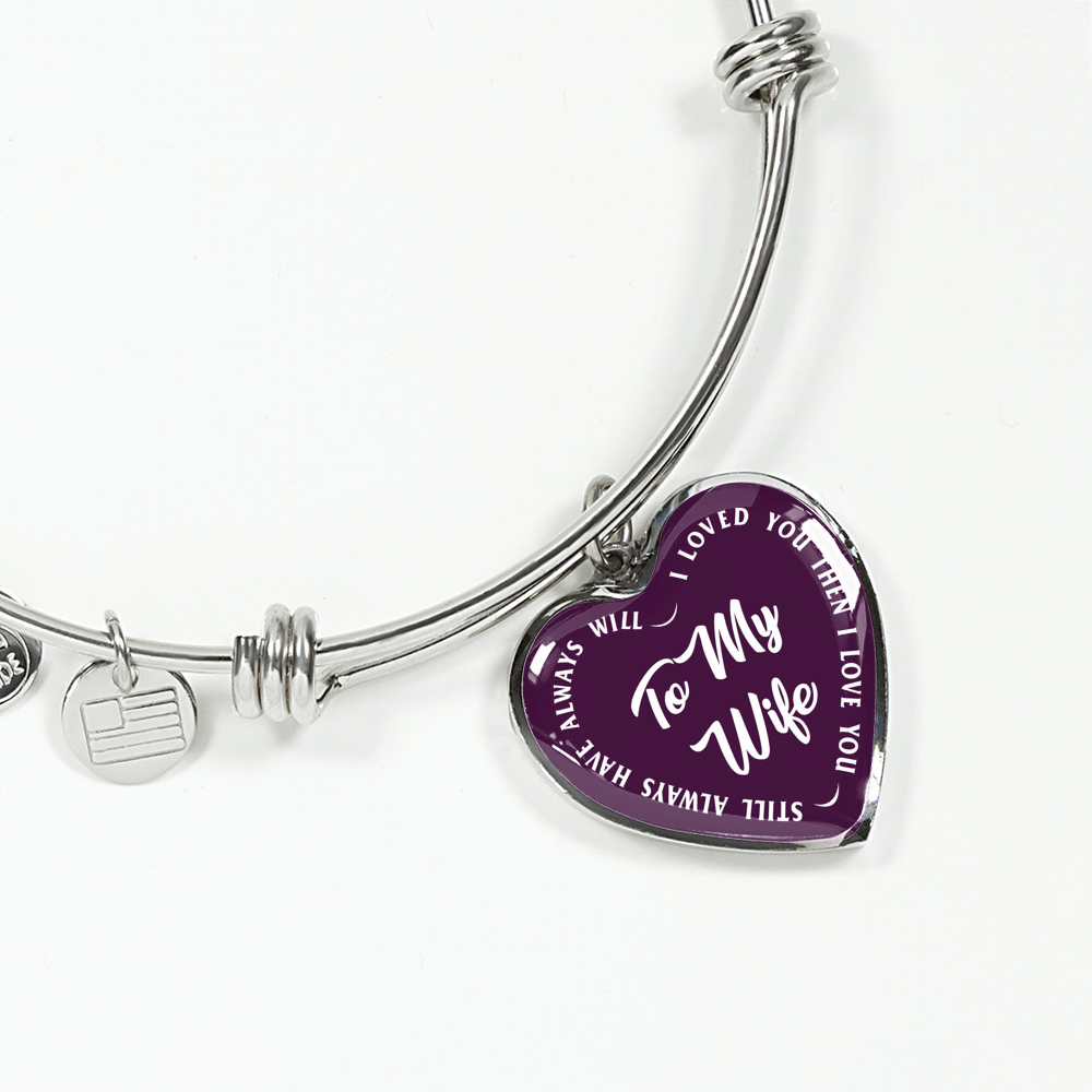 TO MY WIFE (WHITE TEXT ON PURPLE) SILVER OR GOLD FINISHED HEART SHAPED BANGLE BRACELET - podprintz.com