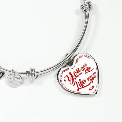 TO MY STEPMOM - I LOVE YOU SO MUCH, YOU DIDN'T GIVE ME A LIFE, LIFE GAVE ME YOU (RED ON WHITE) SILVER OR GOLD FINISHED HEART BANGLE BRACELET