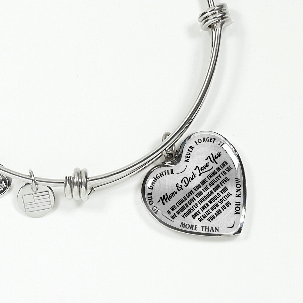TO OUR DAUGHTER, MOM & DAD LOVE YOU, NEVER FORGET THAT - GOLD AND SILVER FINISHED HEART SHAPED NECKLACE AND BANGLE BRACELET(BLACK TEXT ON TRANSPARENT) EO