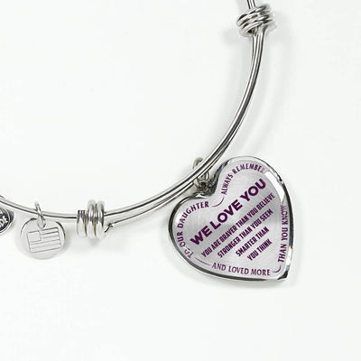 TO OUR DAUGHTER, ALWAYS REMEMBER THAT, WE LOVE YOU - (PURPLE ON TRANSPARENT) SILVER OR GOLD FINISHED HEART NECKLACE AND BANGLE BRACELET NEW EO