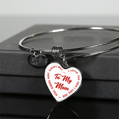 To My Mom Gold or Silver Finished Heart Shaped Bangle Bracelet (Red text on White) - podprintz.com