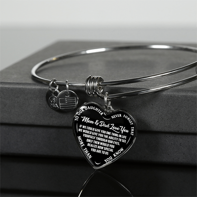 TO OUR DAUGHTER, MOM & DAD LOVE YOU, NEVER FORGET THAT - GOLD AND SILVER FINISHED HEART SHAPED NECKLACE AND BANGLE BRACELET(WHITE TEXT ON BLACK) EO
