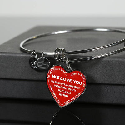 TO OUR DAUGHTER, ALWAYS REMEMBER THAT, WE LOVE YOU - (WHITE ON RED) SILVER OR GOLD FINISHED HEART NECKLACE AND BANGLE BRACELET NEW EO