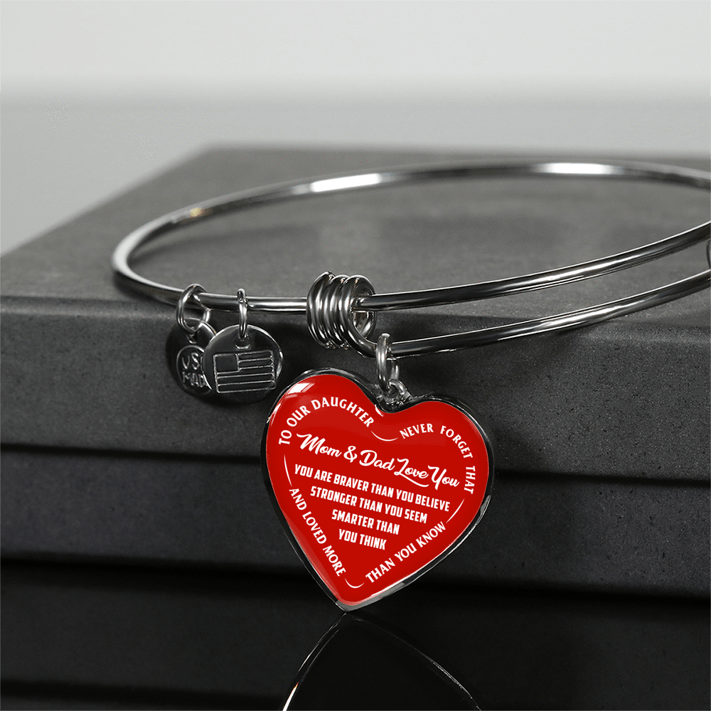 TO OUR DAUGHTER, YOU ARE BRAVER, MOM & DAD LOVE YOU - GOLD AND SILVER FINISHED HEART SHAPED NECKLACE AND BANGLE BRACELET (WHITE TEXT ON RED) EO