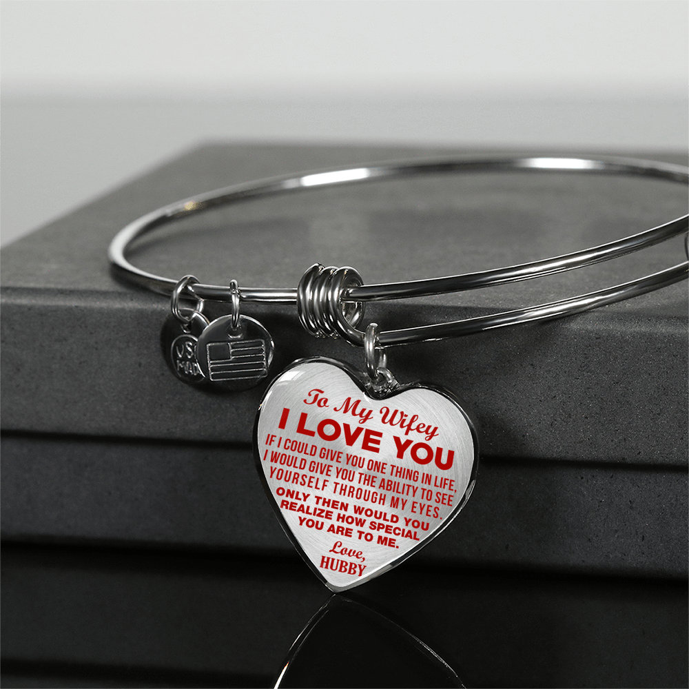 TO MY WIFEY - I LOVE YOU - (RED ON TRANSPARENT) - SILVER FINISHED BANGLE BRACELET - podprintz.com