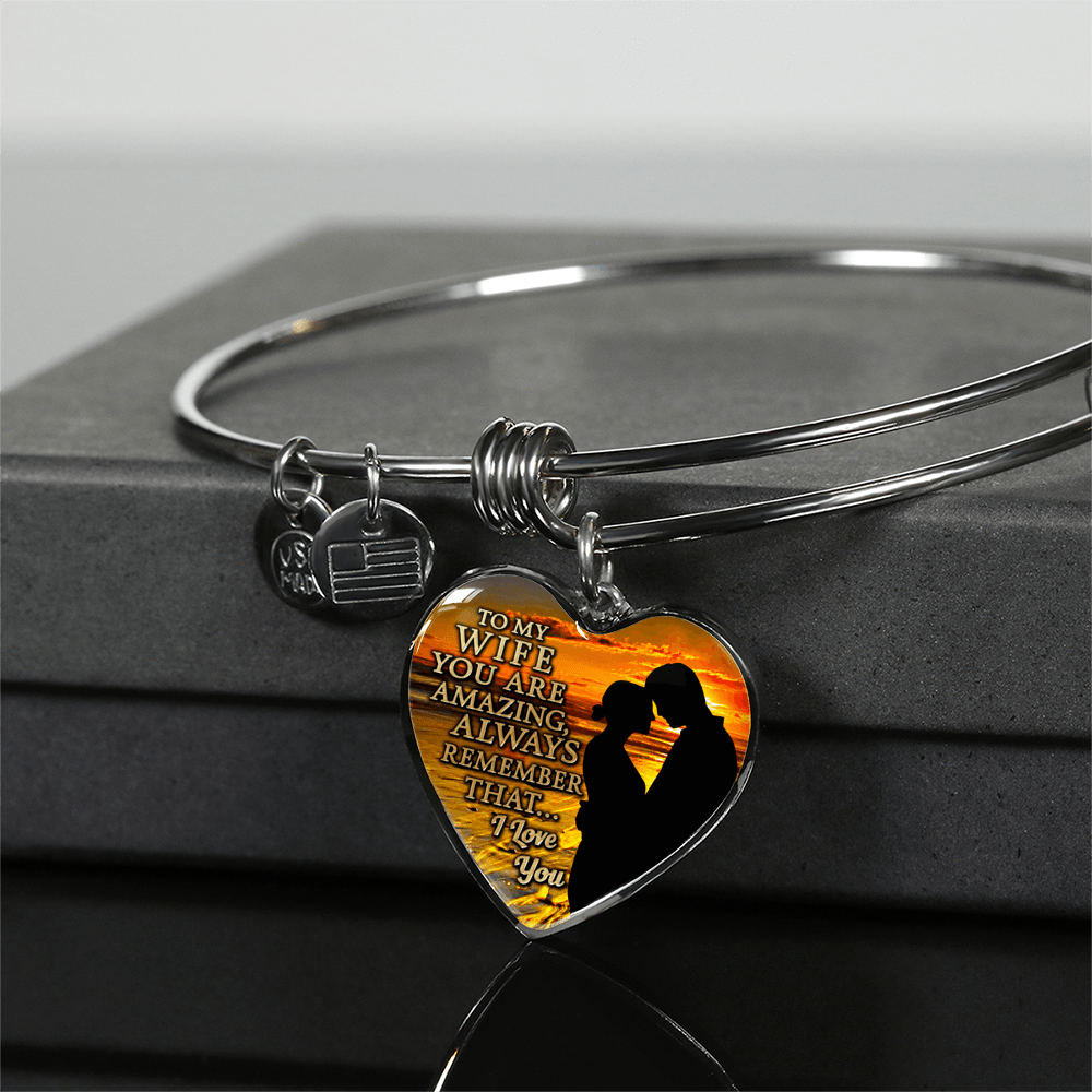 To My Wife, You Are Amazing (Sunset Beach) - Silver Finished Heart Bangle Bracelet - podprintz.com