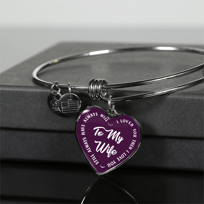 TO MY WIFE (WHITE TEXT ON PURPLE) SILVER OR GOLD FINISHED HEART SHAPED NECKLACE OR BRACELET (EO) - podprintz.com