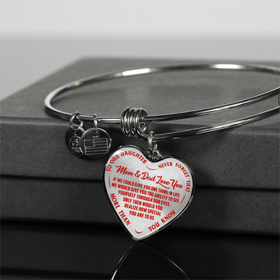 TO OUR DAUGHTER, MOM & DAD LOVE YOU, NEVER FORGET THAT - GOLD AND SILVER FINISHED HEART SHAPED NECKLACE AND BANGLE BRACELET(RED TEXT ON TRANSPARENT) EO