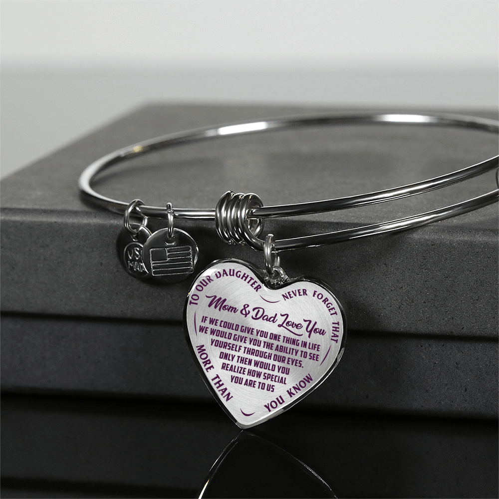 TO OUR DAUGHTER, MOM & DAD LOVE YOU, NEVER FORGET THAT - GOLD AND SILVER FINISHED HEART SHAPED NECKLACE AND BANGLE BRACELET(PURPLE TEXT ON TRANSPARENT) EO