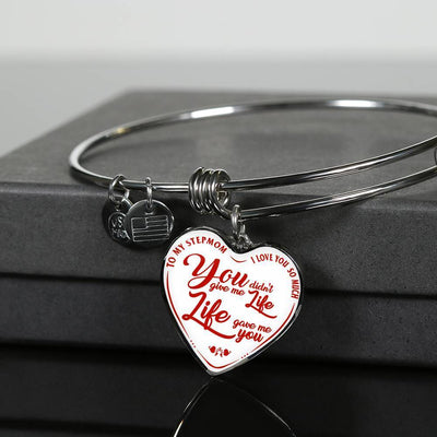 TO MY STEPMOM - I LOVE YOU SO MUCH, YOU DIDN'T GIVE ME A LIFE, LIFE GAVE ME YOU (RED ON WHITE) SILVER OR GOLD FINISHED HEART BANGLE BRACELET