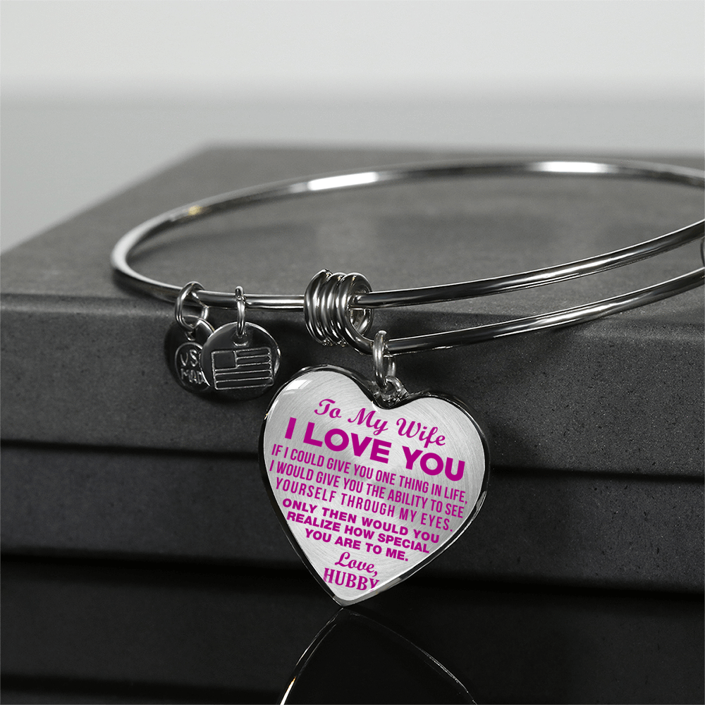 TO MY WIFE - I LOVE YOU - (HOT PINK ON TRANSPARENT) - SILVER FINISHED BANGLE BRACELET - podprintz.com